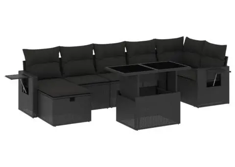 Set mobilier de grădină cu perne, 8 piese, negru, poliratan - 2/5