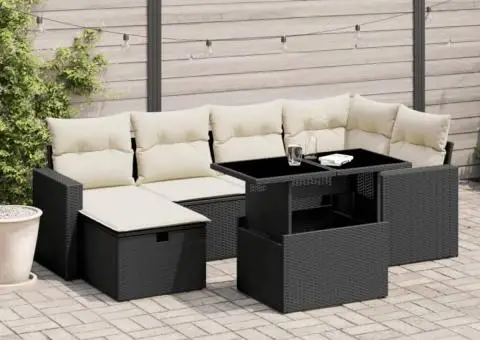 Set canapele de grădină cu perne, 7 piese, negru, poliratan - 1/5