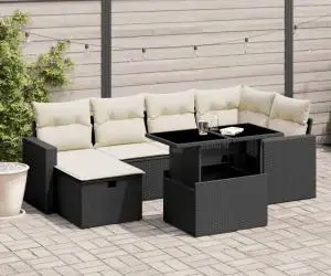 vidaXL Set canapele de grădină cu perne, 7 piese, negru, poliratan