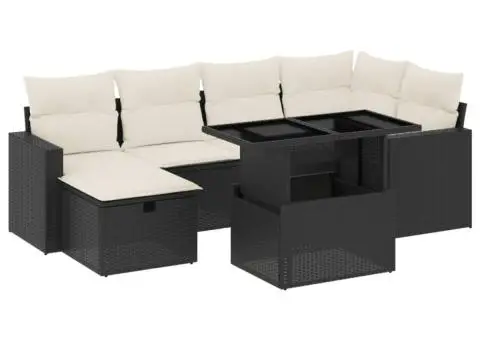 Set canapele de grădină cu perne, 7 piese, negru, poliratan - 2/5