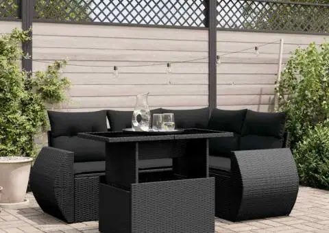 Set mobilier de grădină cu perne, 5 piese, negru, poliratan - 1/5