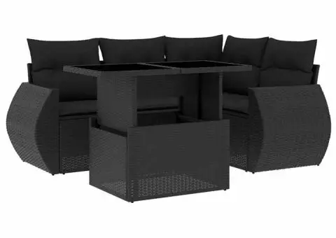 Set mobilier de grădină cu perne, 5 piese, negru, poliratan - 2/5