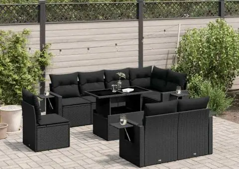 Set mobilier de grădină cu perne, 9 piese, negru, poliratan - 1/5