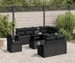 vidaXL Set mobilier de grădină cu perne, 9 piese, negru, poliratan