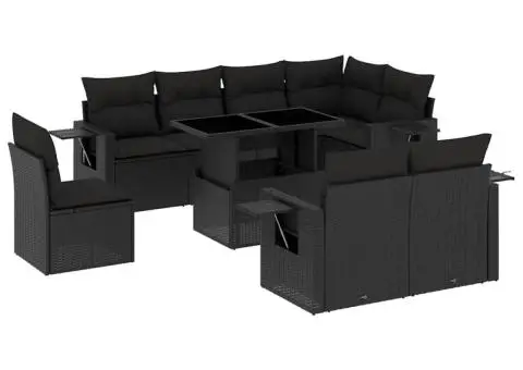 Set mobilier de grădină cu perne, 9 piese, negru, poliratan - 2/5