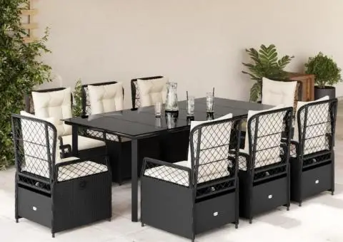 Set mobilier de grădină cu perne, 9 piese, negru, poliratan - 1/5