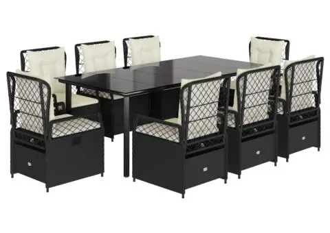 Set mobilier de grădină cu perne, 9 piese, negru, poliratan - 2/5