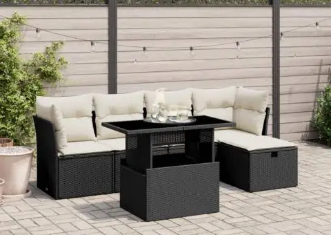 Set mobilier de grădină cu perne, 6 piese, negru, poliratan - 1/5
