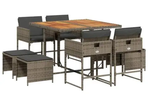 Set mobilier grădină cu perne, 9 piese, gri, poliratan - 2/5