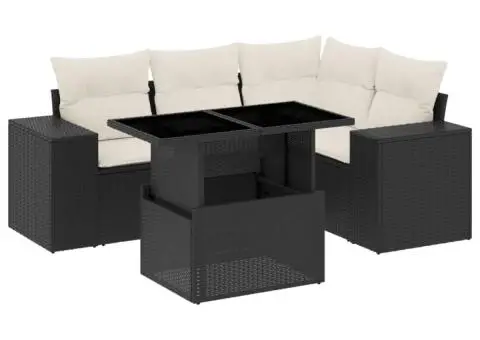 Set mobilier de grădină cu perne, 5 piese, negru, poliratan - 2/5