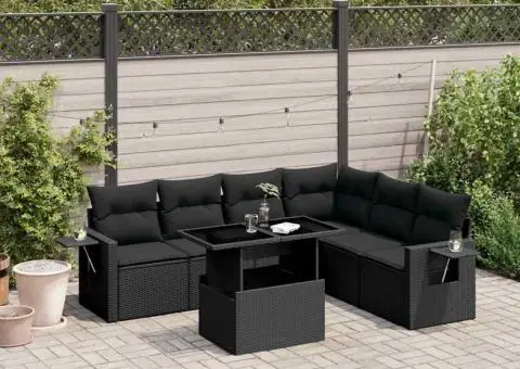 Set canapele de grădină cu perne, 7 piese, negru, poliratan - 1/5