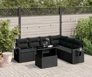 vidaXL Set canapele de grădină cu perne, 7 piese, negru, poliratan