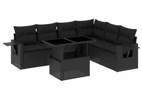 Set canapele de grădină cu perne, 7 piese, negru, poliratan - 2/5