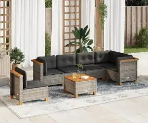 vidaXL Set canapele de grădină, 7 piese, cu perne, gri, poliratan