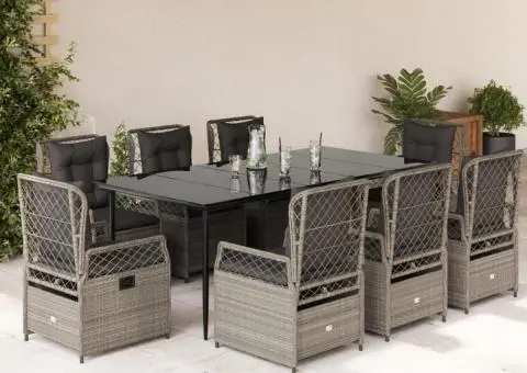 Set mobilier grădină cu perne, 9 piese, gri deschis, poliratan - 1/5