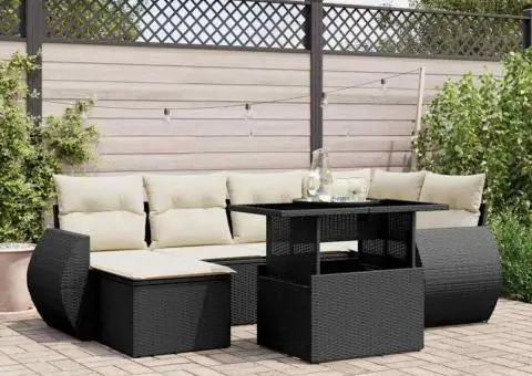 Set canapele de grădină cu perne, 7 piese, negru, poliratan - 1/5