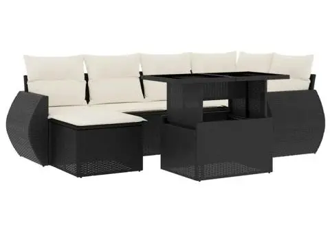 Set canapele de grădină cu perne, 7 piese, negru, poliratan - 2/5