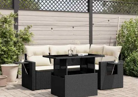 Set mobilier de grădină cu perne, 5 piese, negru, poliratan - 1/5