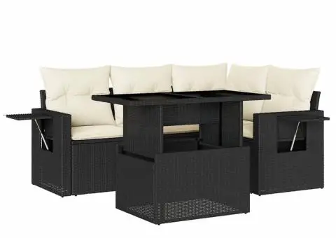 Set mobilier de grădină cu perne, 5 piese, negru, poliratan - 2/5