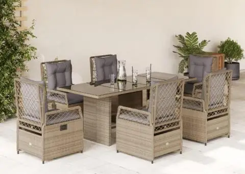 Set de masă pentru grădină, 7 piese, cu perne, bej, poliratan - 1/5