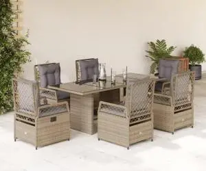 vidaXL Set de masă pentru grădină, 7 piese, cu perne, bej, poliratan