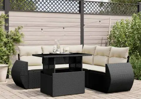 Set mobilier de grădină cu perne, 6 piese, negru, poliratan - 1/5
