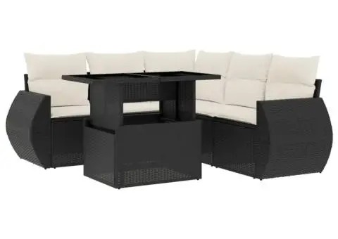Set mobilier de grădină cu perne, 6 piese, negru, poliratan - 2/5