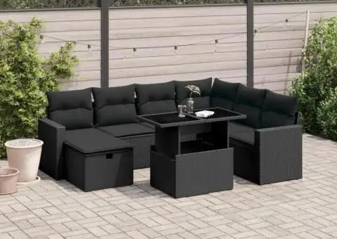 Set mobilier de grădină cu perne, 8 piese, negru, poliratan - 1/5