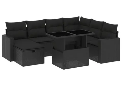 Set mobilier de grădină cu perne, 8 piese, negru, poliratan - 2/5