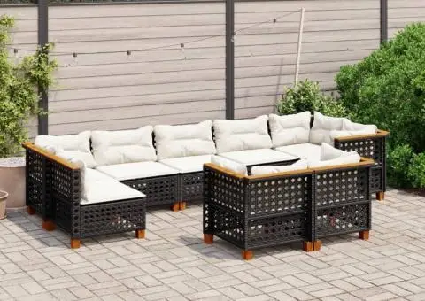 Set mobilier de grădină cu perne, 9 piese, negru, poliratan - 1/5