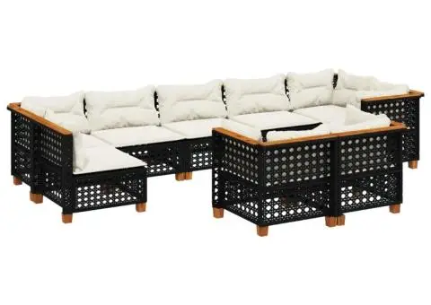 Set mobilier de grădină cu perne, 9 piese, negru, poliratan - 2/5