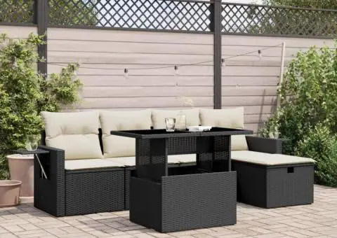 Set mobilier de grădină cu perne, 6 piese, negru, poliratan - 1/5