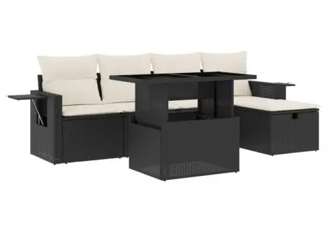 Set mobilier de grădină cu perne, 6 piese, negru, poliratan - 2/5
