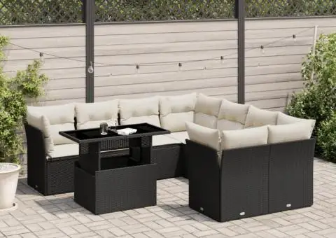 Set mobilier de grădină cu perne, 9 piese, negru, poliratan - 1/5