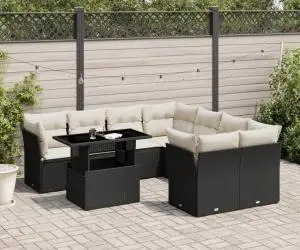 vidaXL Set mobilier de grădină cu perne, 9 piese, negru, poliratan