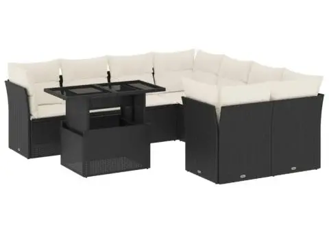 Set mobilier de grădină cu perne, 9 piese, negru, poliratan - 2/5
