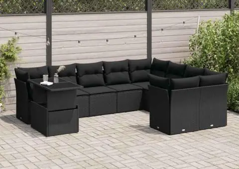 Set canapele de grădină cu perne, 10 piese, negru, poliratan - 1/5