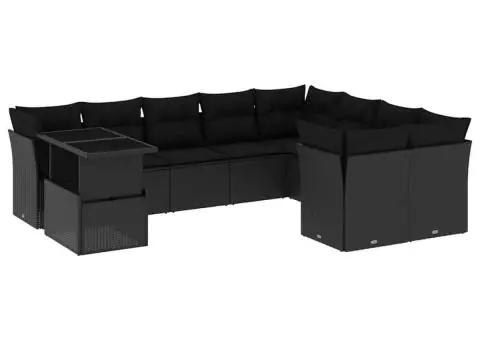 Set canapele de grădină cu perne, 10 piese, negru, poliratan - 2/5