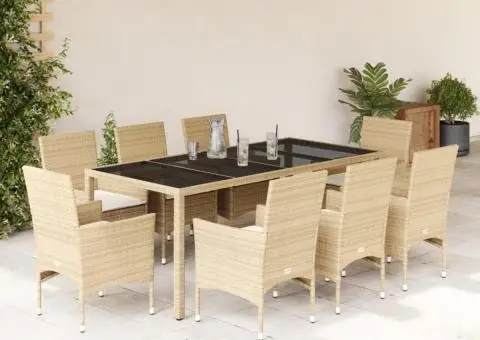 Set mobilier de grădină cu perne 9 piese bej poliratan & sticlă - 1/5