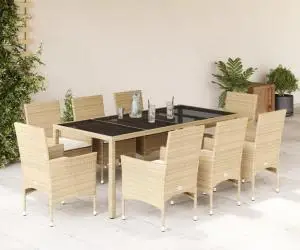 vidaXL Set mobilier de grădină cu perne 9 piese bej poliratan & sticlă