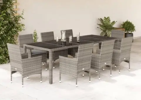 Set mobilier de grădină cu perne 9 piese gri poliratan & sticlă - 1/5