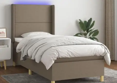 Pat cu arcuri, saltea și LED, gri taupe, 80x200 cm, textil - 1/5