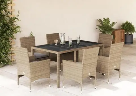 Set mobilier de grădină cu perne 7 piese bej poliratan & sticlă - 1/5