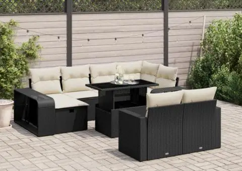 Set canapele de grădină cu perne, 11 piese, negru, poliratan - 1/5