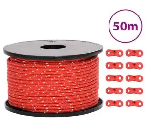 vidaXL Funie pentru cort cu benzi reflectorizante și chei, 50 m, 5 mm