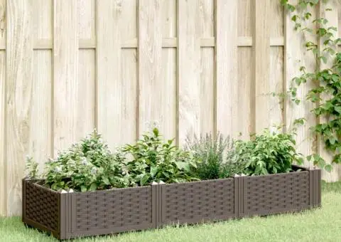 Jardinieră de grădină cu țăruși, maro, 125x40x28,5 cm, PP - 1/5