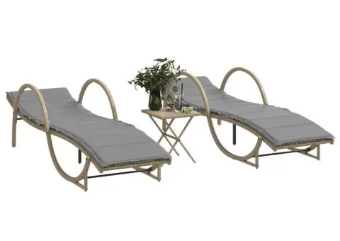 Șezlonguri de plajă cu masă, 2 buc., bej, poliratan - 1/5