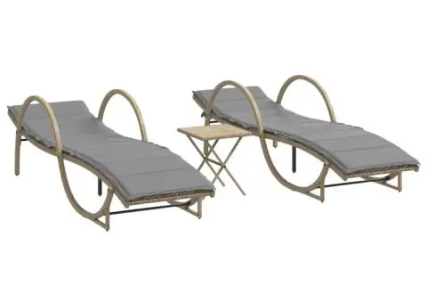 Șezlonguri de plajă cu masă, 2 buc., bej, poliratan - 2/5