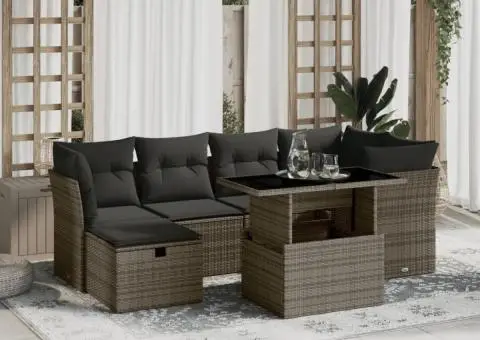 Set canapele de grădină, 7 piese, cu perne, gri, poliratan - 1/5