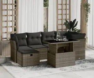 vidaXL Set canapele de grădină, 7 piese, cu perne, gri, poliratan